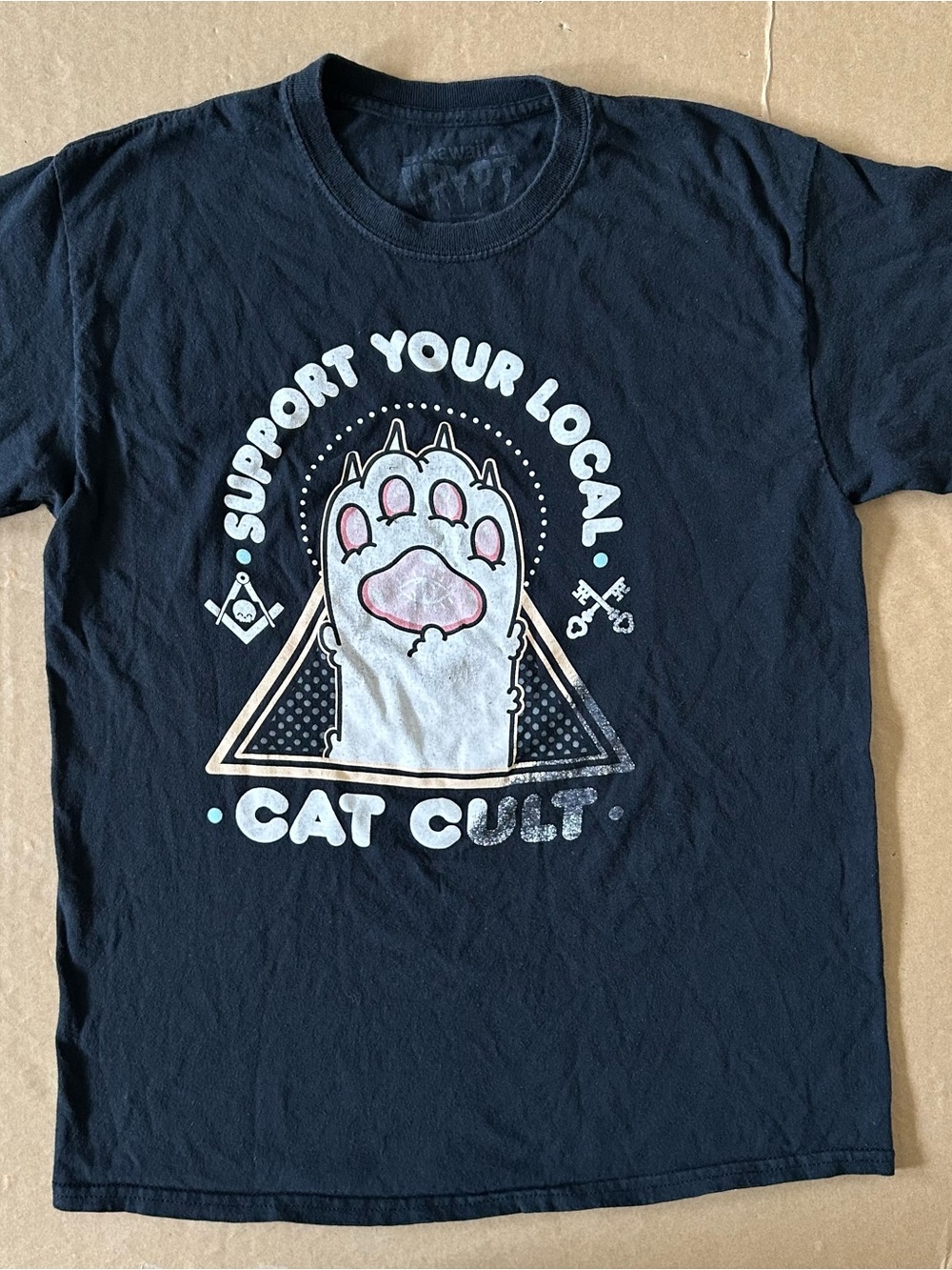 Kawaii Krypt Support Your Local Cat Cult Official Licensed Black T-Shirt Medium